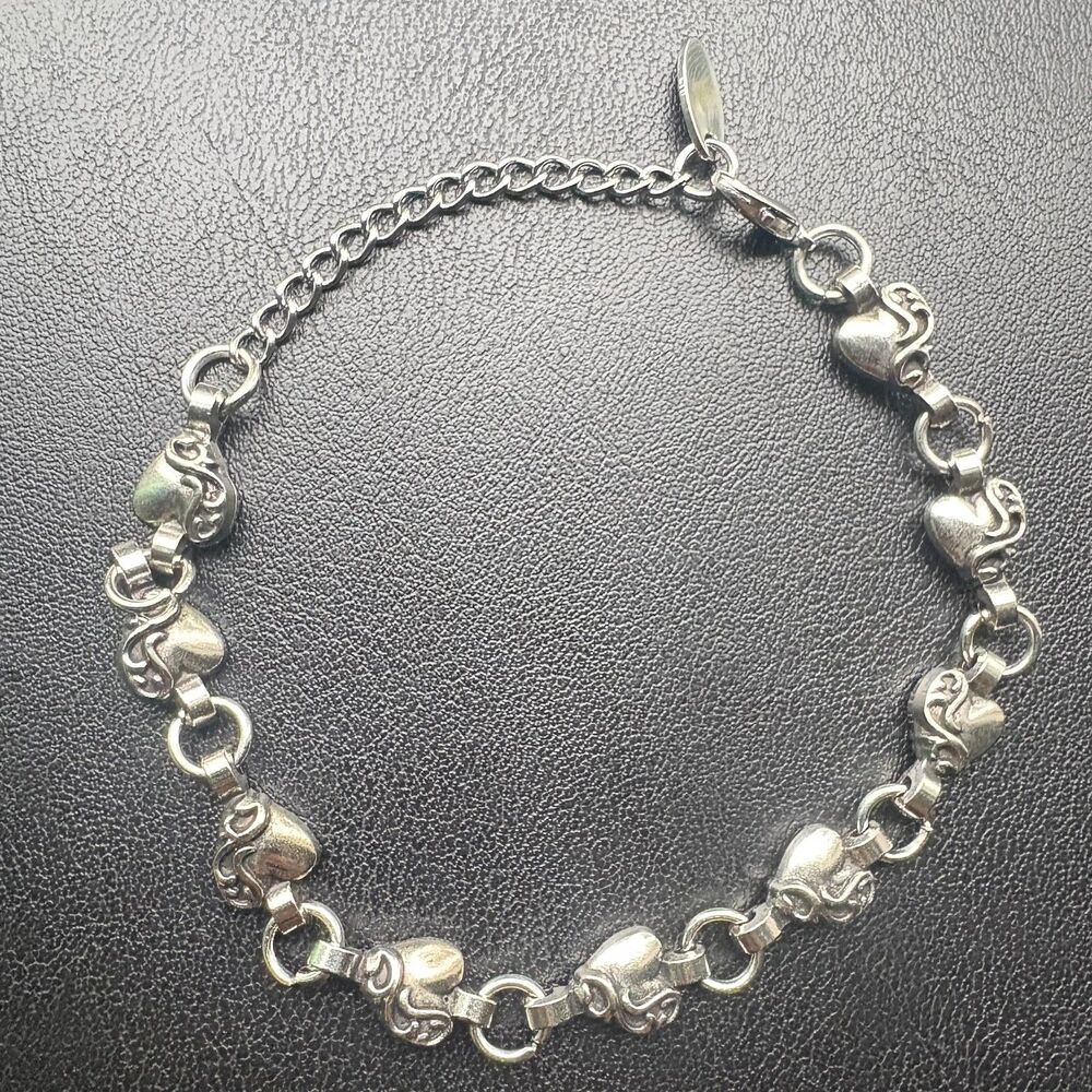 8.5" Y2K Gothic Silver Puffy Heart Link Bracelet Vintage Punk Grunge Alt Style